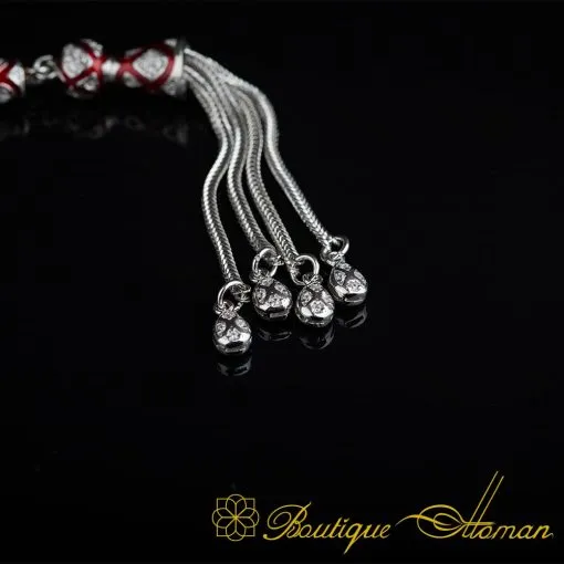Unique Red Mina Micro Zircon Detailed Silver Tasbih - Image 5