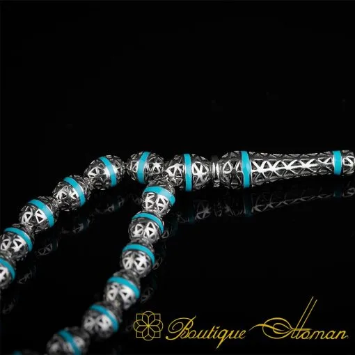 Unique Blue Mina Micro Detailed Silver Tasbih - Image 2