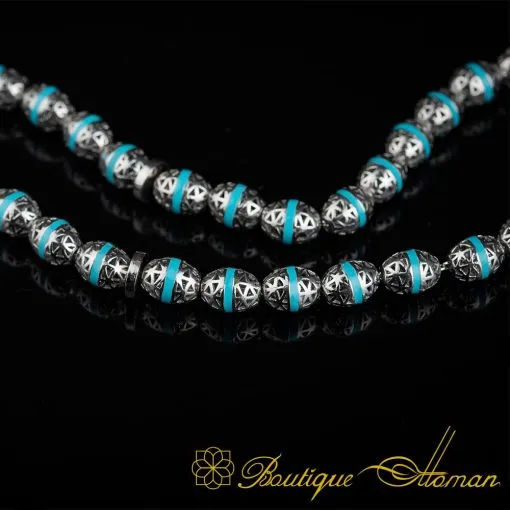 Unique Blue Mina Micro Detailed Silver Tasbih - Image 4