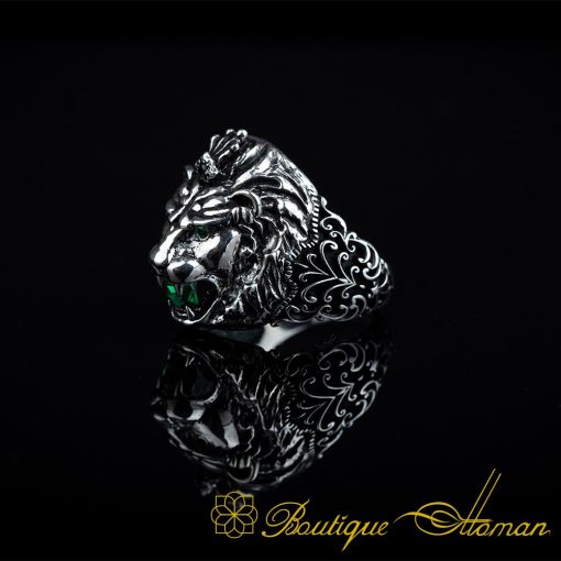 Roaring Lion Head Figure Green Zircon Pieces Ring - Image 4