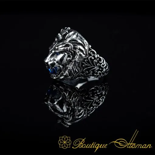 Roaring Lion Head Figure Blue Zircon Pieces Ring - Image 4