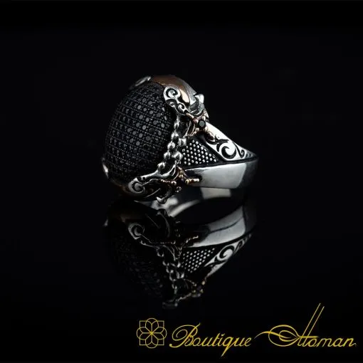 Black Zircon Pieces Crossed Sword Band Silver Ring - Image 4