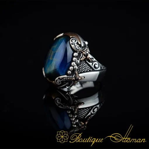 Blue Tiger's Eye Crossed Sword Band Silver Ring - Image 4