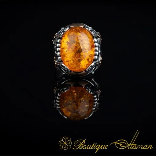 Orange Amber Crossed Sword Band Silver Ring - Image 3