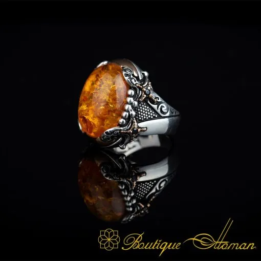 Orange Amber Crossed Sword Band Silver Ring - Image 4