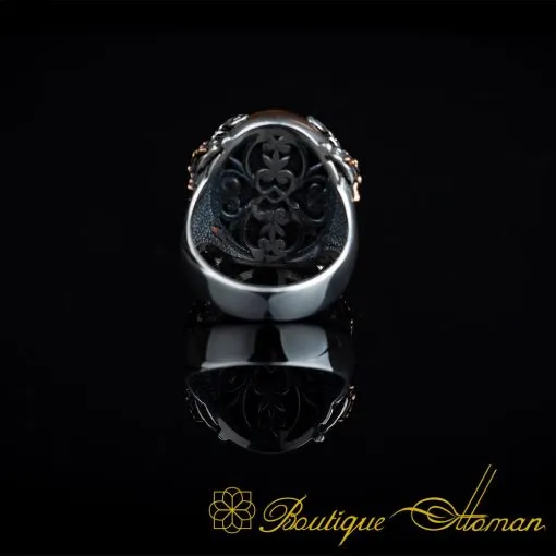 Orange Amber Crossed Sword Band Silver Ring - Image 5
