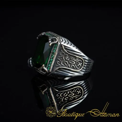 Green Zircon Octagon Cut Silver Men Ring - Image 4