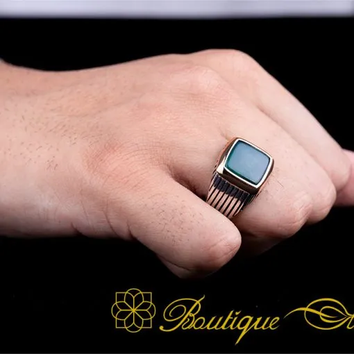 Green Agate Stone Square Striped Silver Ring - Image 2
