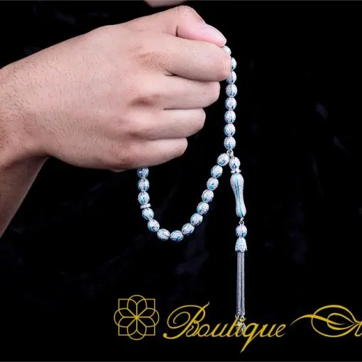 Unique Blue Mina Micro Zircon Detailed Silver Tasbih - Image 6