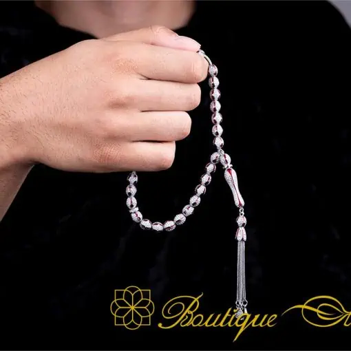 Unique Red Mina Micro Zircon Detailed Silver Tasbih No:2 - Image 6