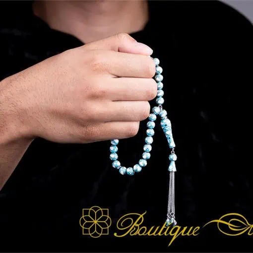 Unique Blue & White Mina Micro Detailed Silver Tasbih - Image 6