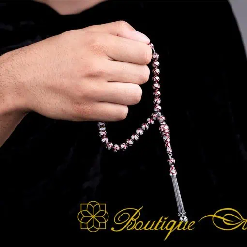 Unique Red Mina Micro Zircon Detailed Silver Tasbih - Image 6