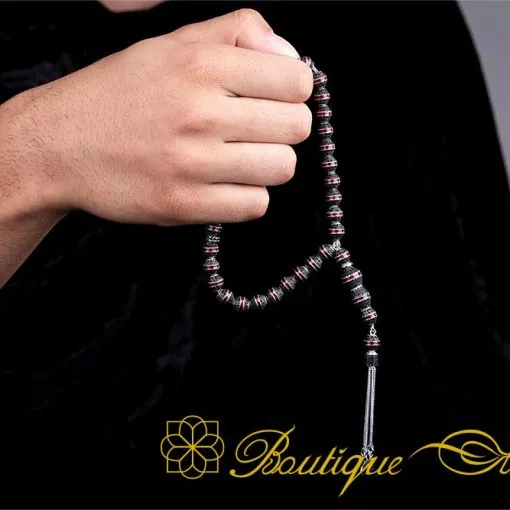 Unique Red Mina Micro Zircon Detailed Silver Tasbih No:4 - Image 6
