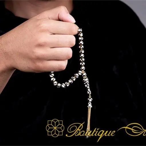 Unique Black & White Mina Micro Detailed Golden Tasbih - Image 6