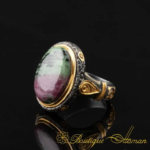 Ruby Zoisite Gold Plated Oxidized Silver Ring - Image 3