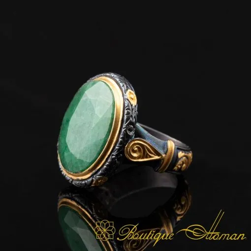 Emerald Gold Plated Oxidized Silver Ring - Image 3