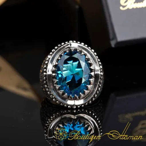 Aqua Blue Zircon Oval Hand Engraved Silver Ring - Image 3