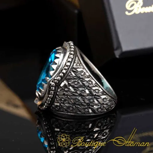 Aqua Blue Zircon Oval Hand Engraved Silver Ring - Image 4
