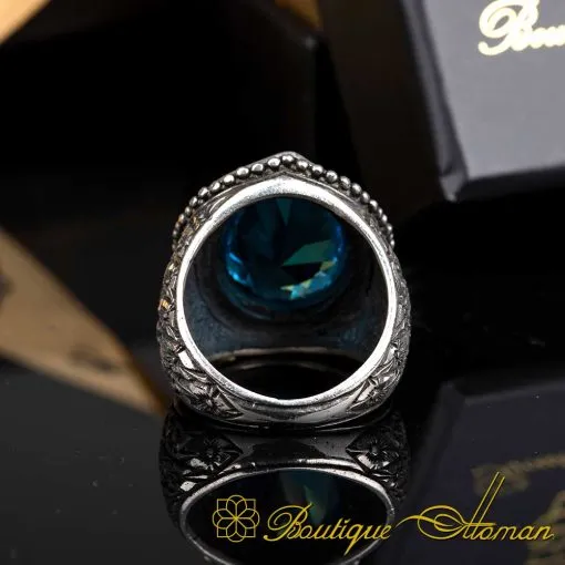 Aqua Blue Zircon Oval Hand Engraved Silver Ring - Image 5