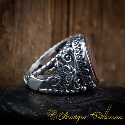 Ayat Al Kursi Red Yemeni Aqeeq Handmade Silver Ring - Image 3