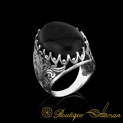 Big Size Black Aqeeq Onyx Oval Aqeeq Silver Classic Ring - Image 7