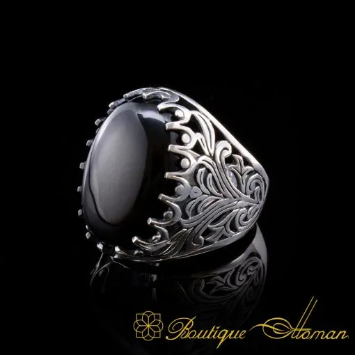 Big Size Black Aqeeq Onyx Oval Aqeeq Silver Classic Ring - Image 3