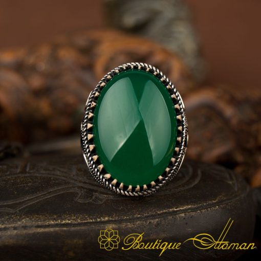 Big Oval Green Aqeeq Silver Ring - Image 2