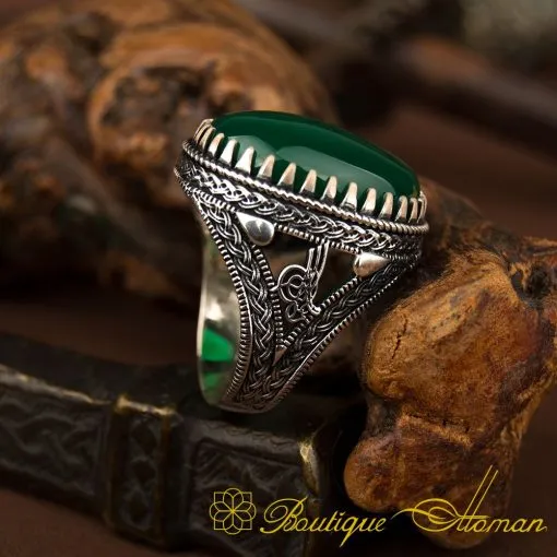Big Oval Green Aqeeq Silver Ring - Image 4