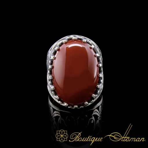 Big Size Red Oval Aqeeq Silver Classic Ring - Image 2