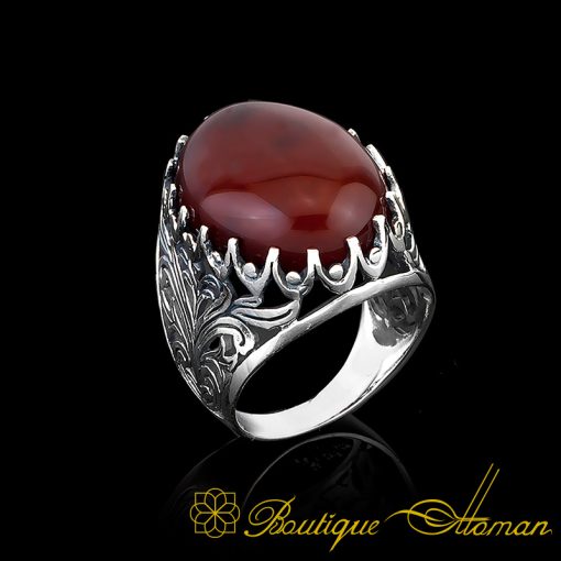Big Size Red Oval Aqeeq Silver Classic Ring - Image 7