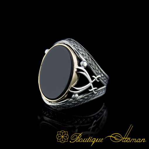 Black Aqeeq Stone Silver Ring with Double Swords Figure - Image 3