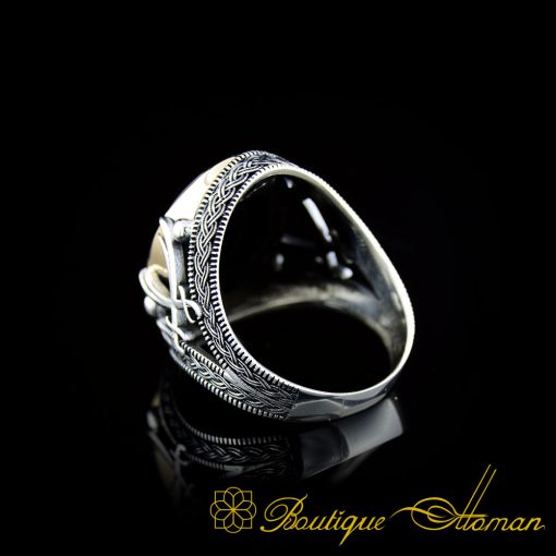 Black Aqeeq Stone Silver Ring with Double Swords Figure - Image 4