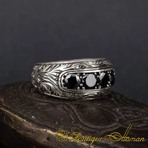 Black Zircon 4 Pieces Hand Engraved Silver Band Ring - Image 2