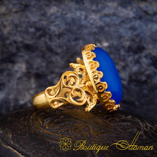 Blue Aqeeq D Shape Handcraft Women Ring (Gold Plated) - Image 3