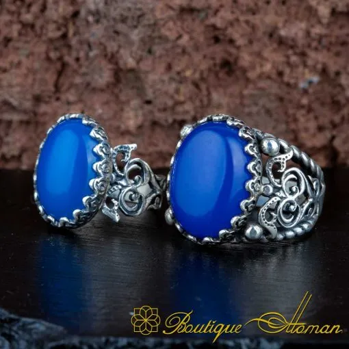 Blue Aqeeq D Shape Handcraft Women & Men Couple Rings Set - Image 3