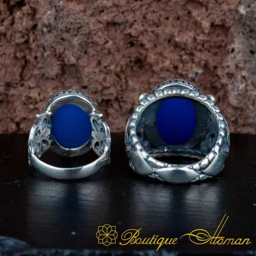Blue Aqeeq D Shape Handcraft Women & Men Couple Rings Set - Image 4