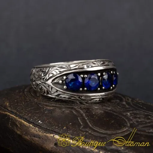 Alternative view of Blue Zircon 4 Pieces Hand Engraved Silver Band Ring