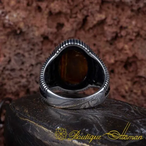 Brown Tiger's Eye Oval Micro Cut Silver Ring - Image 4