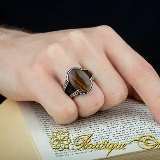 Brown Tiger's Eye Oval Micro Cut Silver Ring - Image 6