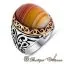 Striped Orange Aqeeq Stone Silver Men Ring