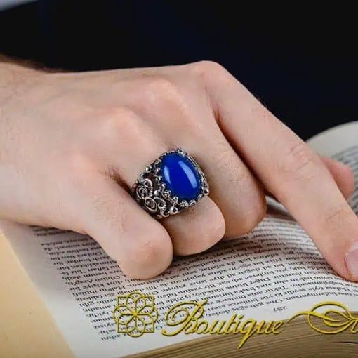 Craft Collection Rare Blue Aqeeq Handicraft Silver Ring - Image 5