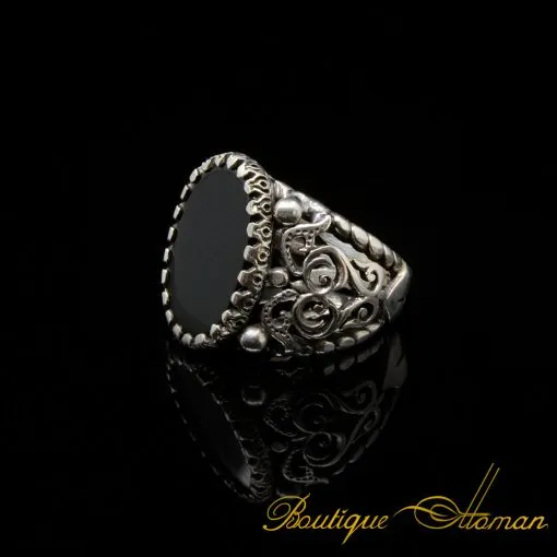Craft Collection Silver Flat Black Aqeeq Handicraft Ring - Image 3