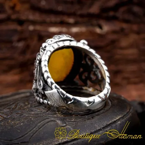Craft Collection Yellow Aqeeq Handicraft Silver Ring - Image 3