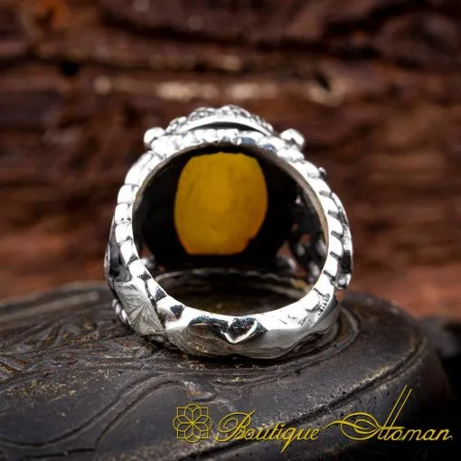 Craft Collection Yellow Aqeeq Handicraft Silver Ring - Image 4