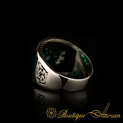 Curved Green Aqeeq Silver Ring - Image 4