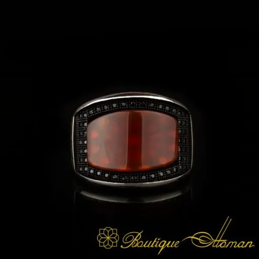 Alternative view of Curved Red Aqeeq Silver Ring