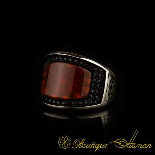 Curved Red Aqeeq Silver Ring - Image 3
