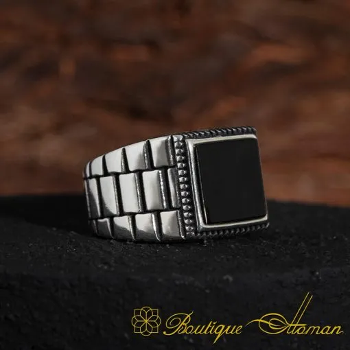 Black Square Onyx Silver Men's Ring - Image 3
