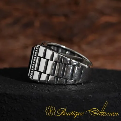 Black Square Onyx Silver Men's Ring - Image 5