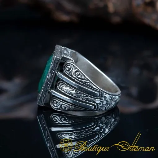 Emerald Rectangle Hand Engraved Men Ring - Image 3